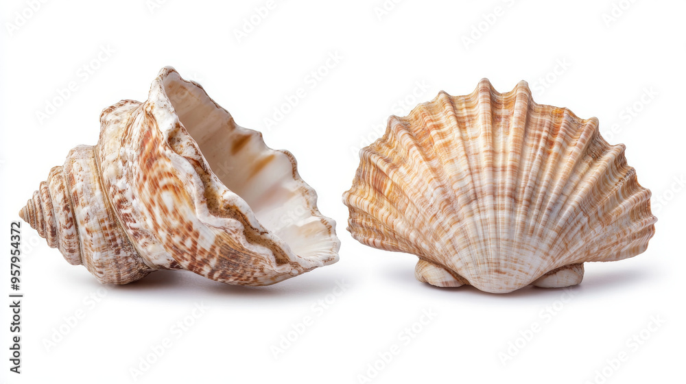Both sides of a sea shell displayed against a white background, showcasing the intricate patterns and natural beauty of the shell from different angles Both sides of a sea shell displayed against a white background, showcasing the intricate patterns and natural beauty of the shell from different angles