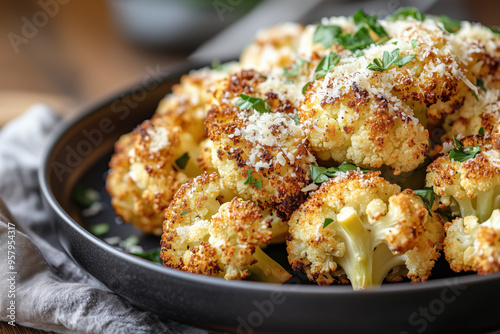 Kitchen scene featuring crispy Parmesan roasted cauliflower