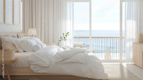 Bright hotel room with modern decor, Balcony with a sea view, Light and airy atmosphere, Comfortable bed with white linens, Fresh and inviting.