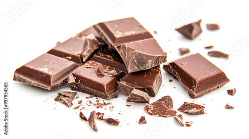 Broken pieces of a chocolate bar falling against a white background, capturing the rich, textured details and the dynamic movement of the scattered chocolate
