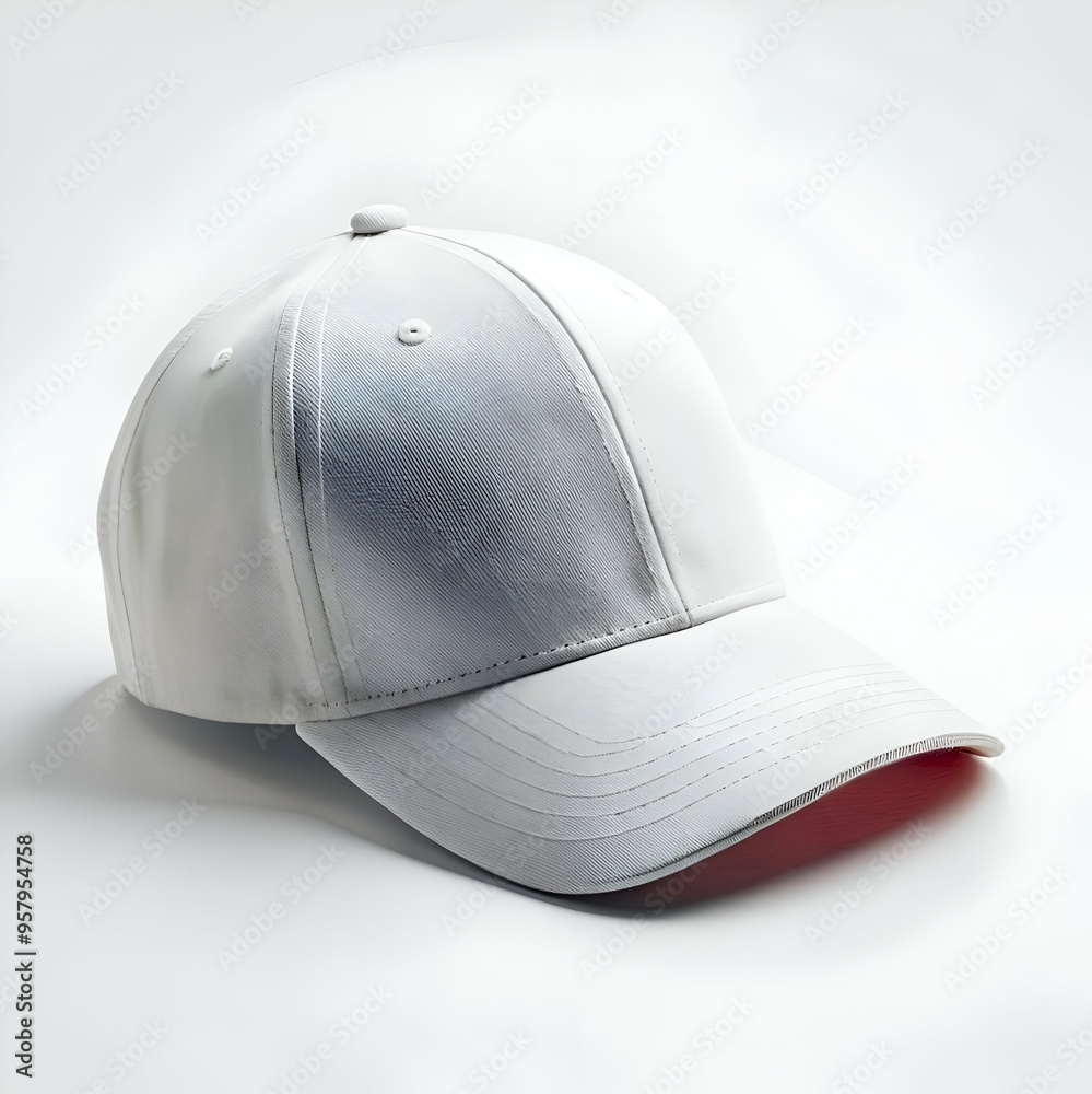 A clean and simple white baseball cap with a subtle red underside. A clean and simple white baseball cap with a subtle red underside.