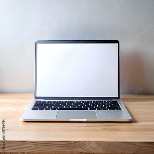 A modern laptop with a blank screen sits open on a wooden desk.