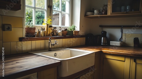 Vintage Ceramic Sink and Wooden Countertop in Classic Kitchen Setting