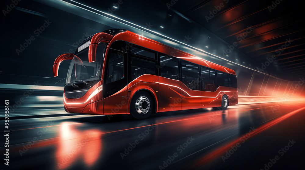 Naklejka premium high speed bus in motion, motion blur, black matte, streaks of light
