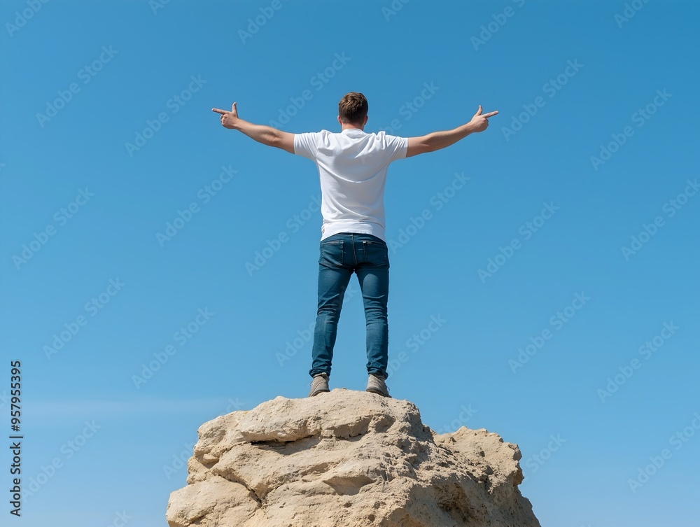 Man Standing on Rock with Arms Outstretched Against Blue Sky Man Standing on Rock with Arms Outstretched Against Blue Sky