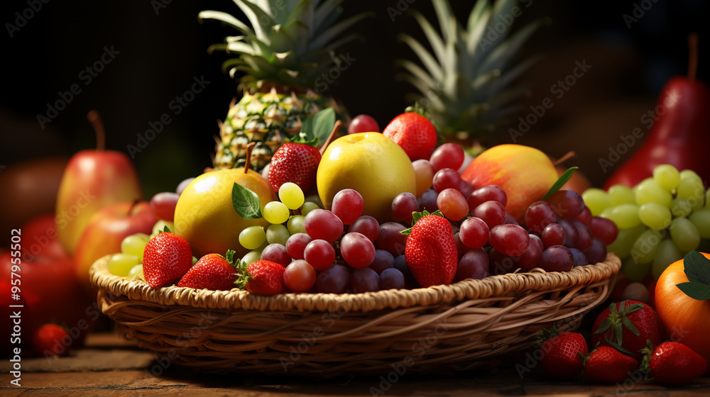 Basket and fresh fruits on wooden table