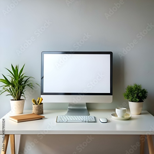 Clean and modern desktop mockup featuring a white computer screen. keyboard. and mouse.