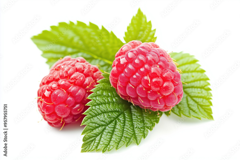 Isolated raspberry with a green leaf against white Isolated raspberry with a green leaf against white