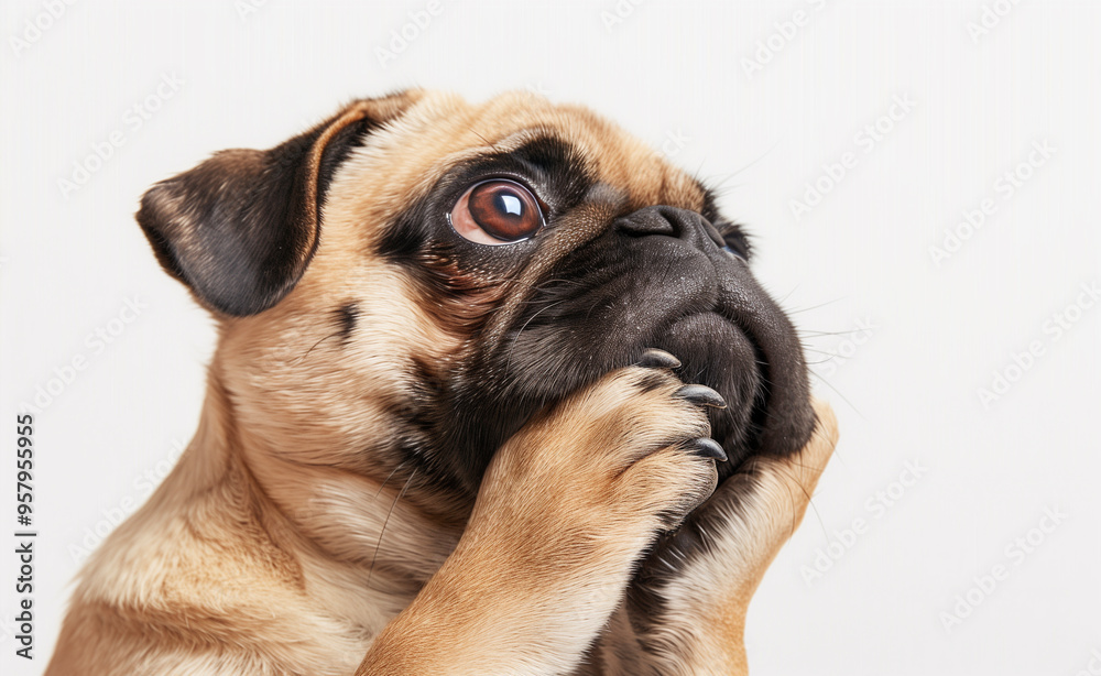Obraz premium A pug with a dreamy expression with both hands on his cheeks generated by AI