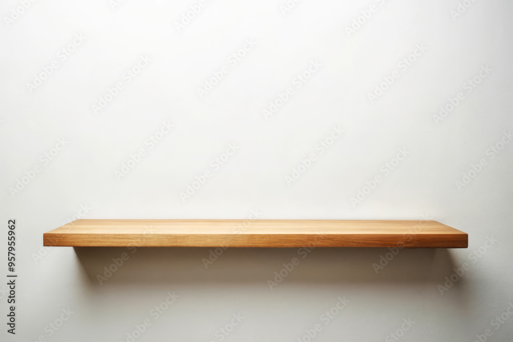 Empty Wooden Shelf On A White Wall. Perfect For Displaying Products Or Showcasing Designs. Minimalist And Modern Aesthetic. Empty Wooden Shelf On A White Wall. Perfect For Displaying Products Or Showcasing Designs. Minimalist And Modern Aesthetic.