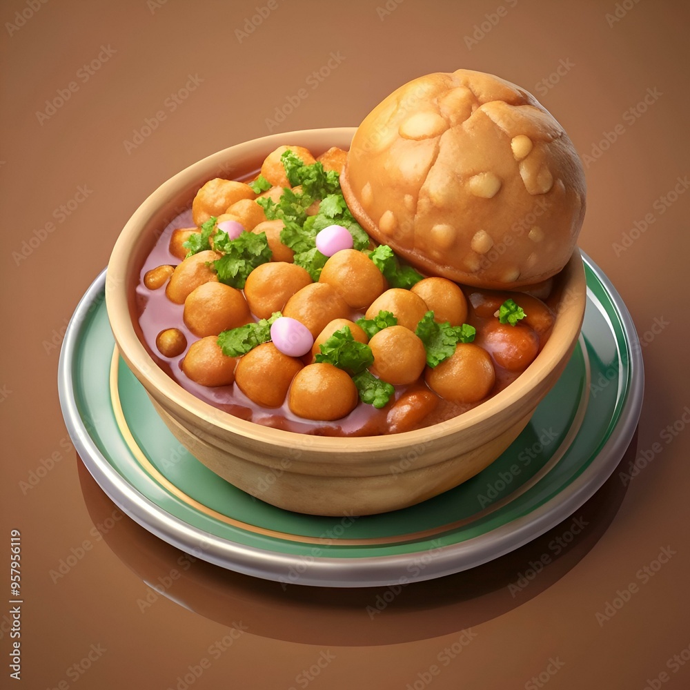 A delicious bowl of Indian street food with a crispy fried bread on top. ready to be enjoyed. A delicious bowl of Indian street food with a crispy fried bread on top. ready to be enjoyed.