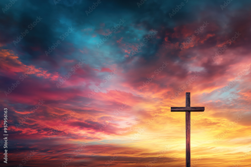 Sunset sky with church cross silhouette Sunset sky with church cross silhouette