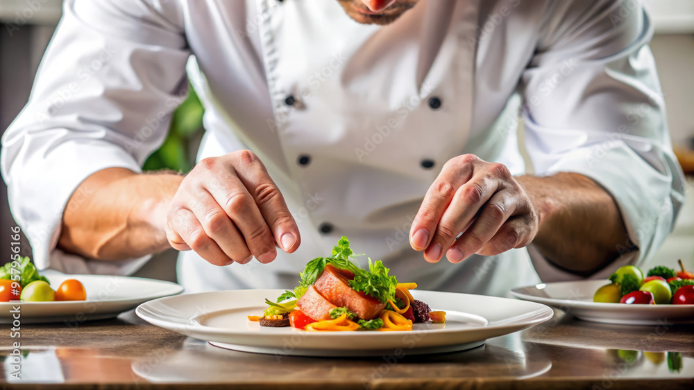 Chef Finishing Touch On Delicious Salmon Salad Chef Finishing Touch On Delicious Salmon Salad