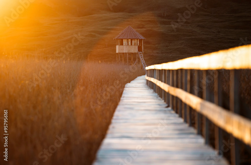 Old wooden boardwalk with a railing on the side and watchtower in the Sic reed reservation, Cluj , Romania