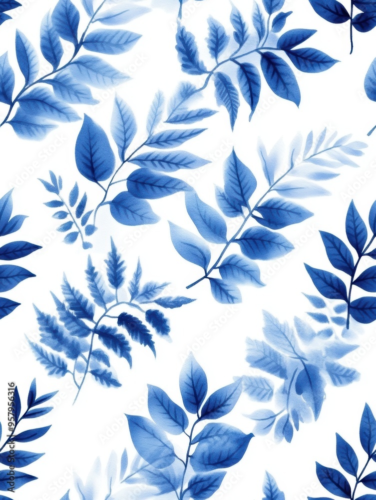 Blue boho fern leaves in a natural pattern, rendered in watercolor style, create a seamless design against a white background. Blue boho fern leaves in a natural pattern, rendered in watercolor style, create a seamless design against a white background.