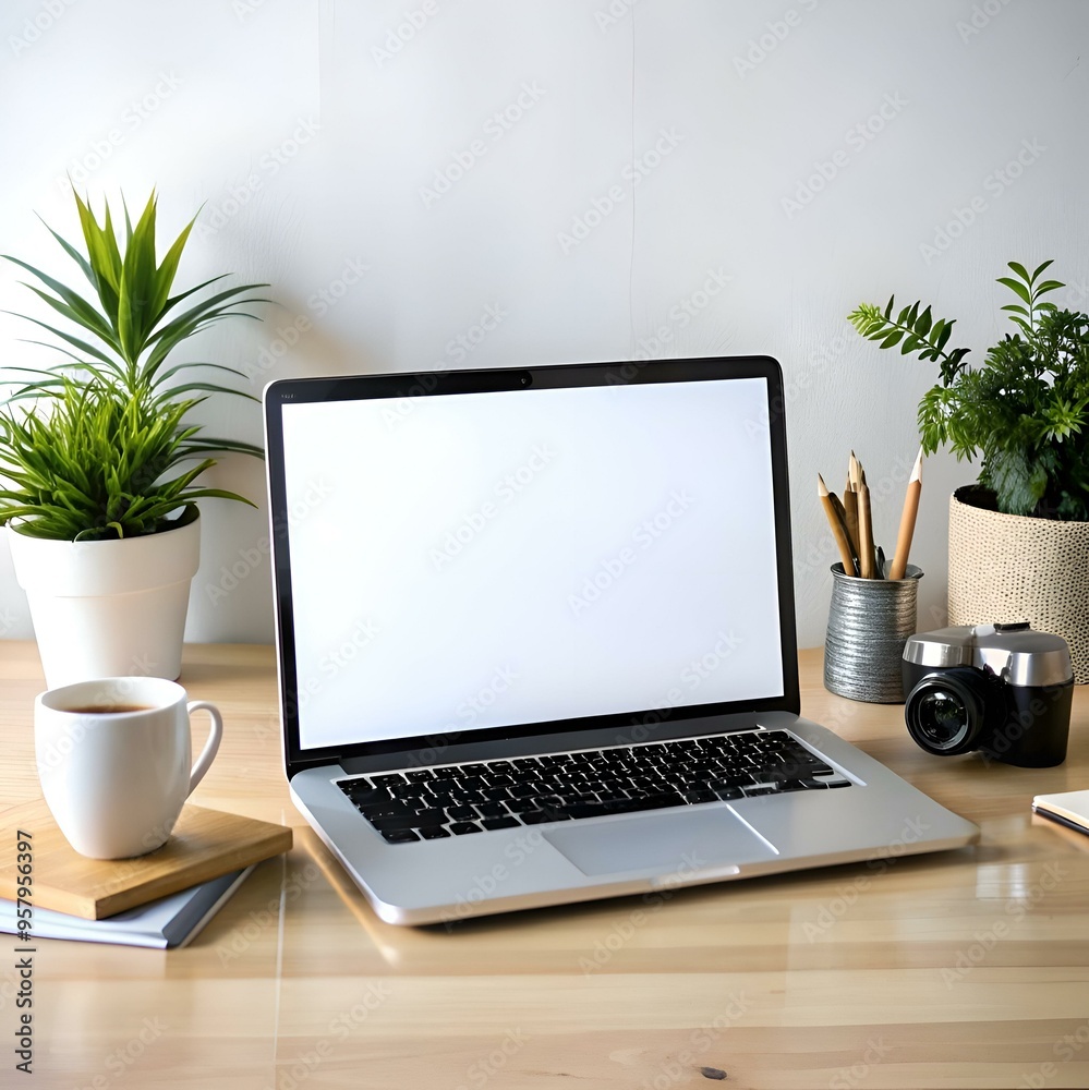 A modern laptop with a blank screen sits on a wooden desk. perfect for showcasing website designs or other digital content. A modern laptop with a blank screen sits on a wooden desk. perfect for showcasing website designs or other digital content.