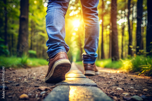 Foot Steps On A Stone Path In A Forest. Man Walking In The Woods. Nature Footpath. Adventure. Footwear. Walking.