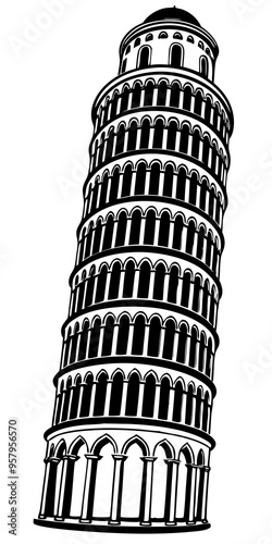 leaning tower of pisa black and white vector silhouette design set - italian landmark monochrome outline