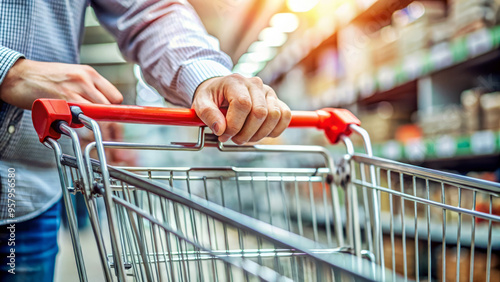 Closeup of a hand pushing a shopping cart in a supermarket. the red handle and shiny metal are visible. the background is blurred.