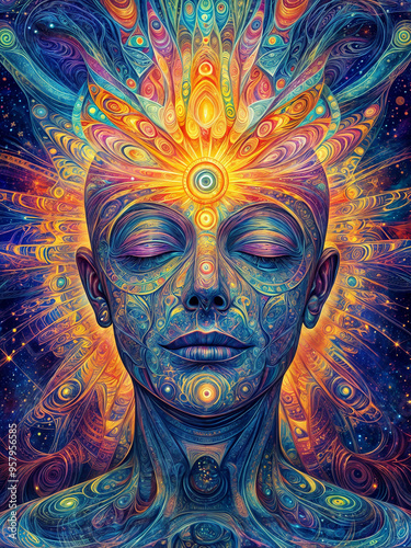 enlightenment illustration with a human head and chakra lights 