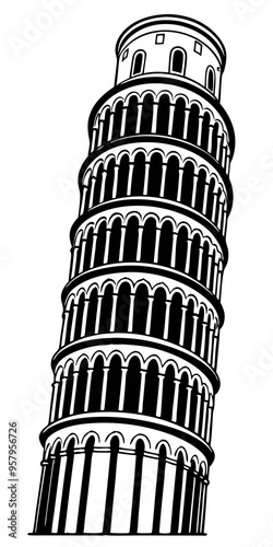 leaning tower of pisa black and white vector silhouette design set - italian landmark monochrome outline