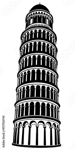 leaning tower of pisa black and white vector silhouette design set - italian landmark monochrome outline