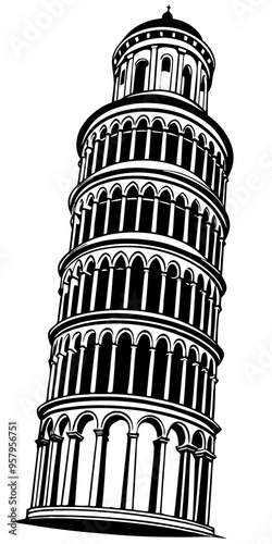 leaning tower of pisa black and white vector silhouette design set - italian landmark monochrome outline