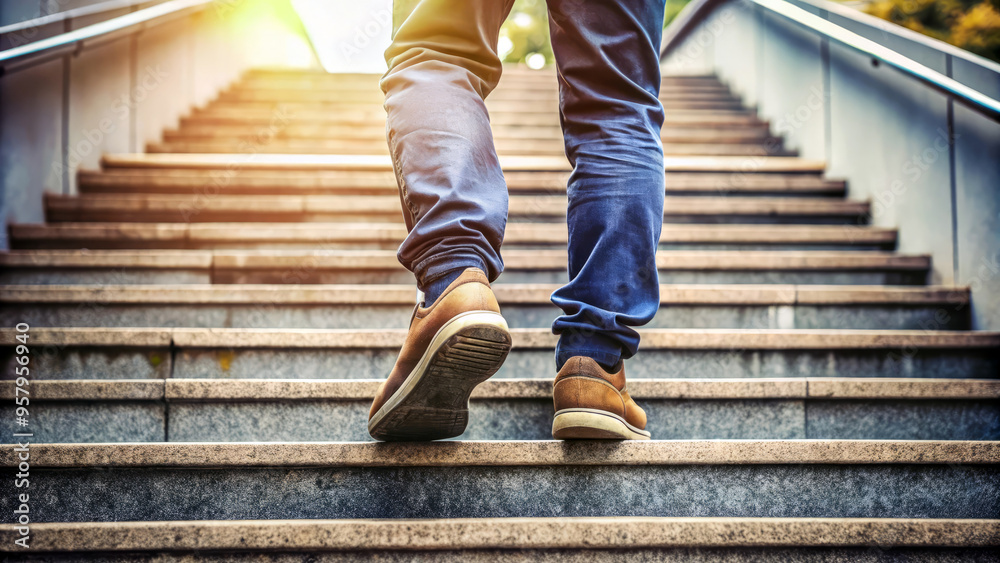 Man Walking Up Stone Stairs. Steps To Success. Upward Mobility. Business Growth. Concrete Steps. Man Walking Up Stone Stairs. Steps To Success. Upward Mobility. Business Growth. Concrete Steps.