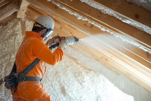 Worker insulating roof with spray foam photo