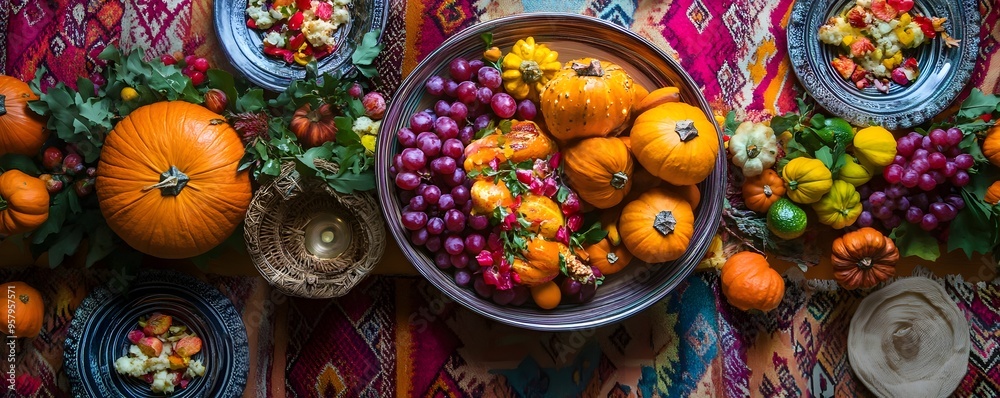 Vibrant Bohemian Thanksgiving Meal on Rustic Harvest Table with Eclectic Decor Vibrant Bohemian Thanksgiving Meal on Rustic Harvest Table with Eclectic Decor