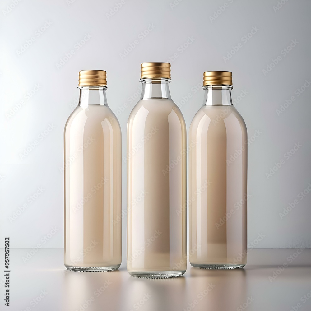 Three glass bottles with gold lids. perfect for showcasing your beverage brand. Three glass bottles with gold lids. perfect for showcasing your beverage brand.