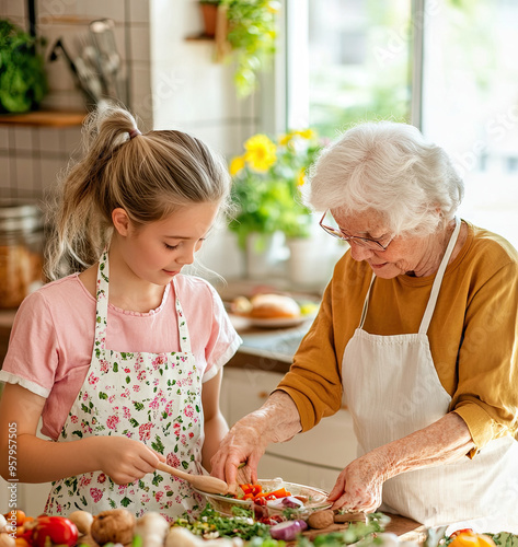 A teenage granddaughter is helping her grandmother prepare a family celebration meal in the kitchen photo