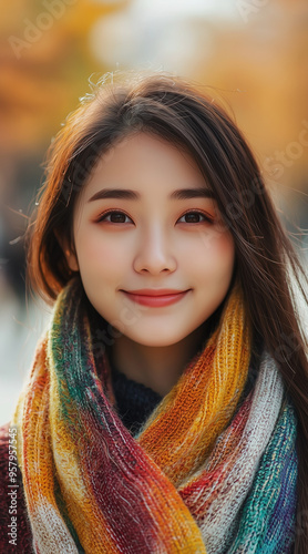 an asian woman with multicolor scarf, medium smile, autumn concept. vertical composition