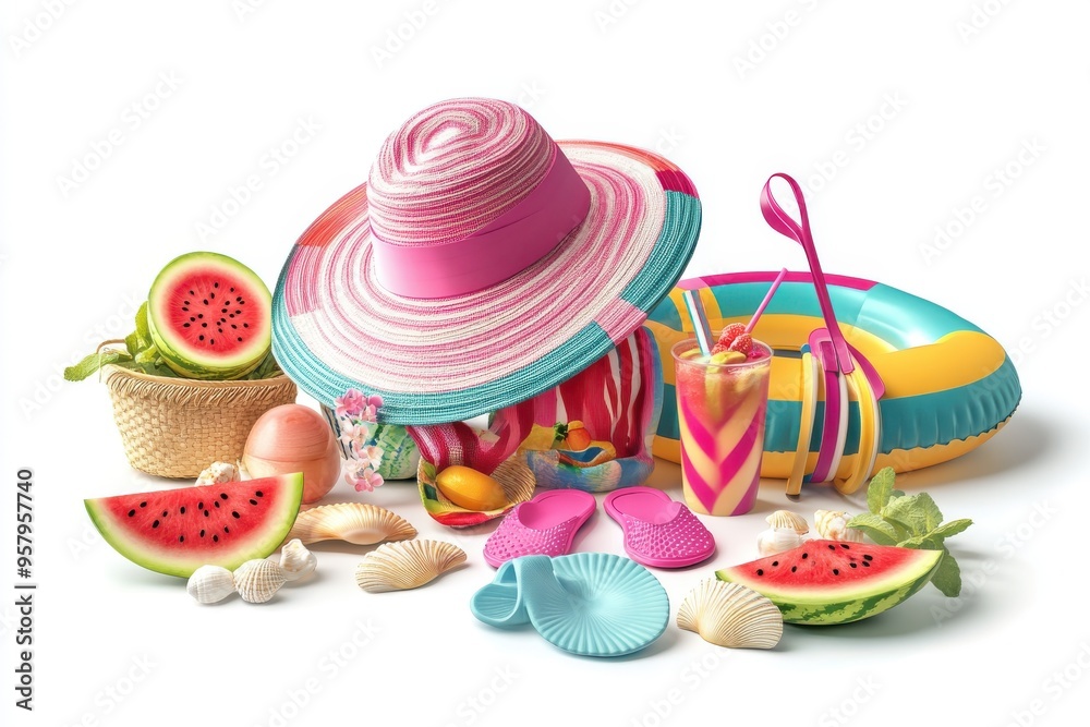 A realistic arrangement of various summer items on a white background, A realistic arrangement of various summer items on a white background,