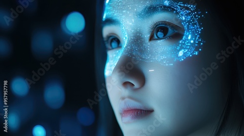 Asian woman using a digital screen for biometric facial recognition, holographic projections of her face and fingerprints