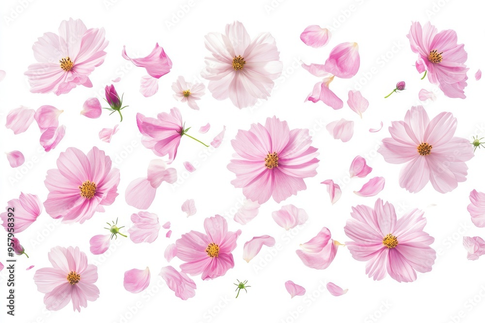 A realistic image of delicate pink cosmos flowers and petals gently floating in mid-air against A realistic image of delicate pink cosmos flowers and petals gently floating in mid-air against