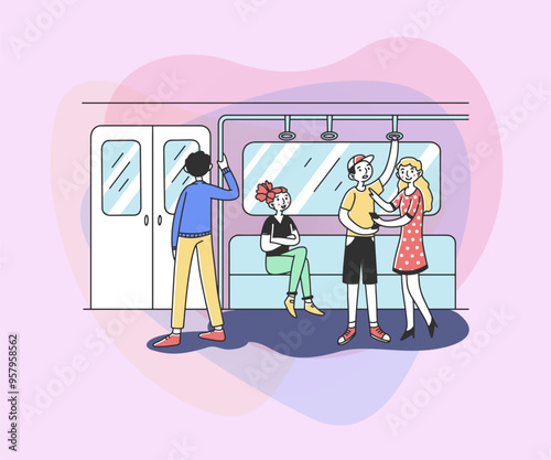 Young people using subway flat vector illustration. Boys and girls in public transport. City dwellers in metro, tube or underground train. Public transportation and rapid travelling concept.