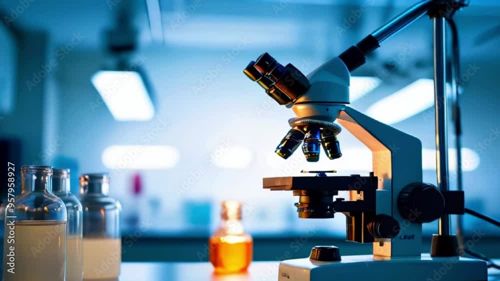 A microscope on a table in a lab with beakers in the foreground. A microscope on a table in a lab with beakers in the foreground.