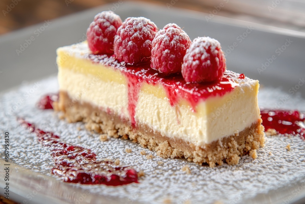 A rectangular slice of cheesecake with a crumbly base, topped with a layer of lemon curd