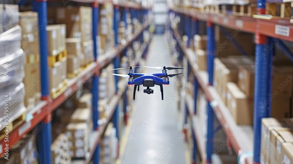 Aerial perspective of drones operating in a warehouse for enhanced inventory management and delivery Aerial perspective of drones operating in a warehouse for enhanced inventory management and delivery