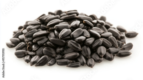 A close-up view of delicious sunflower black seeds, isolated on a clean white background, showcasing their rich texture and glossy finish photo