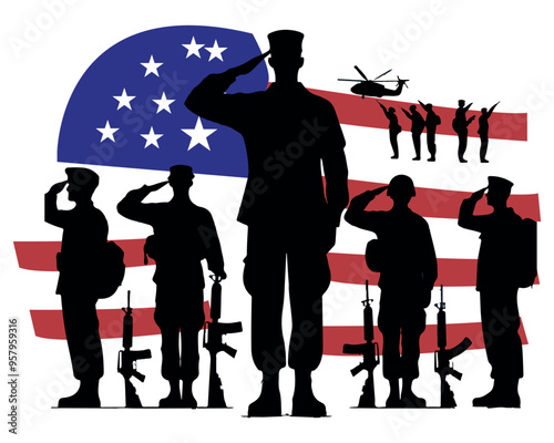 Veterans Army Saluting Vector Silhouettes Bundle, Soldier silhouettes collection for Veterans Day