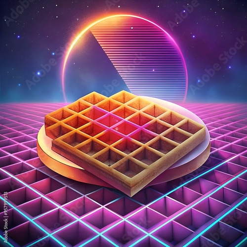 A retro futuristic 3D illustration of a waffle set against a vibrant 80s inspired background. photo