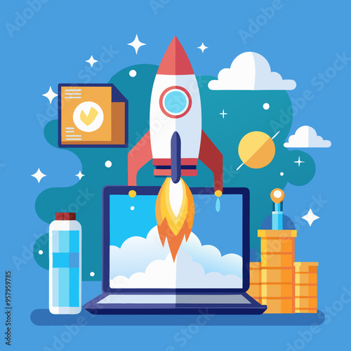 Rocket launch from laptop on office table to fly up in air. Business startup new idea project development, internet marketing strategy growth, future product progress on a website, speed power boost S