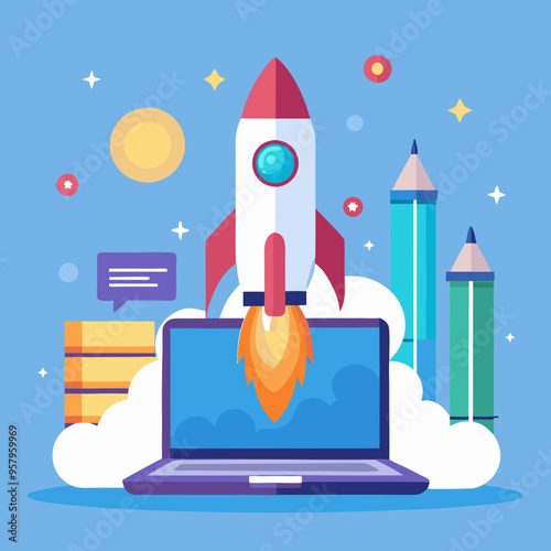 Rocket launch from laptop on office table to fly up in air. Business startup new idea project development, internet marketing strategy growth, future product progress on a website, speed power boost S