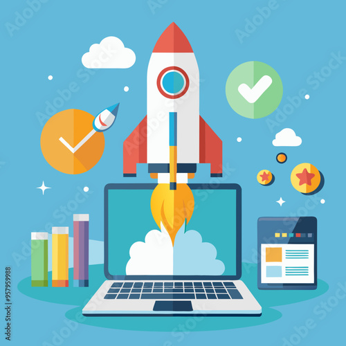 Rocket launch from laptop on office table to fly up in air. Business startup new idea project development, internet marketing strategy growth, future product progress on a website, speed power boost S