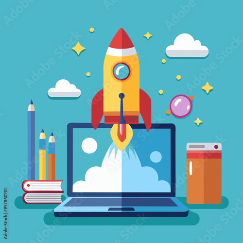 Rocket launch from laptop on office table to fly up in air. Business startup new idea project development, internet marketing strategy growth, future product progress on a website, speed power boost S