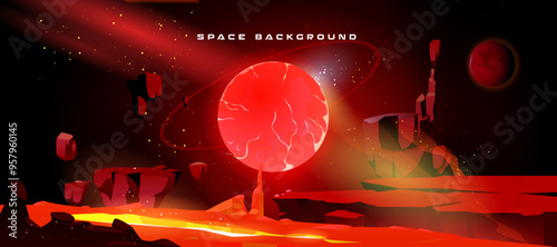 Space adventure game background with red alien planet. Vector cartoon illustration of fantasy cosmic landscape with lava flow in cracked rocks, stones flying in air, shimmering particles in darkness