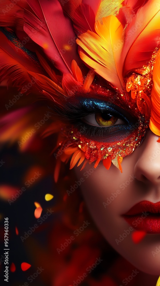 Close-up of a woman's eye with a colorful feather mask. Red lips and dark eye makeup. Mysterious and alluring. Close-up of a woman's eye with a colorful feather mask. Red lips and dark eye makeup. Mysterious and alluring.