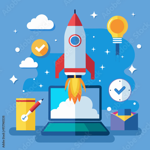 Rocket launch from laptop on office table to fly up in air. Business startup new idea project development, internet marketing strategy growth, future product progress on a website, speed power boost S